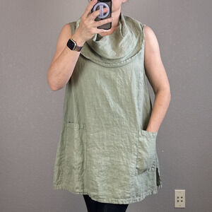 Match Point Cowl Neck Sleeveless Tunic Top Shirt Size S Sage Green Linen Pockets